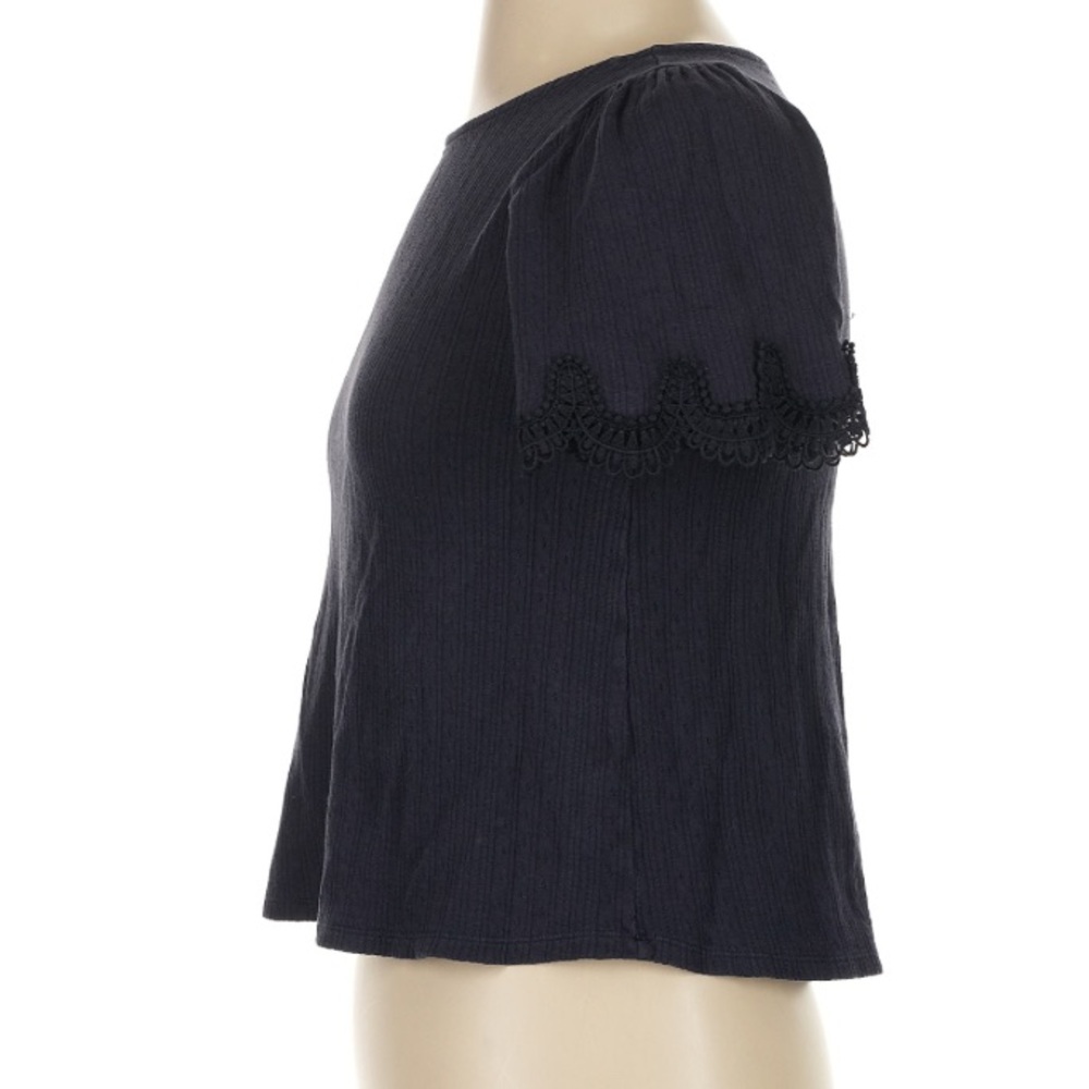 SEZANE CLEA TEE SHIRT 100% Cotton Ribbed Lace Sleeves Navy Blue XS - Picture 3 of 11